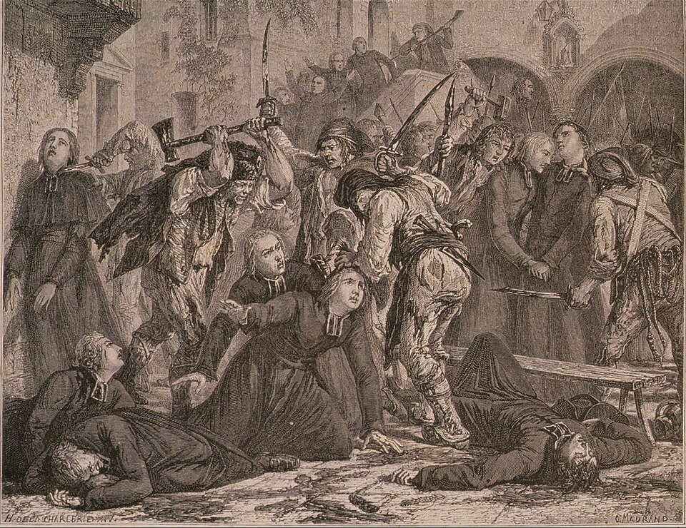 Le_massacre_des_prêtres_en_septembre_1792 - MultiPol 360 Massacre de prêtres en 1792. Gravure de Charles Maurand d'après Hippolyte de La Charlerie, XIXe siècle