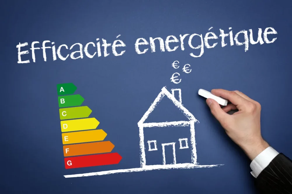 Hand drawing a house on a chalkboard with a color-coded energy efficiency scale A–G beside it.