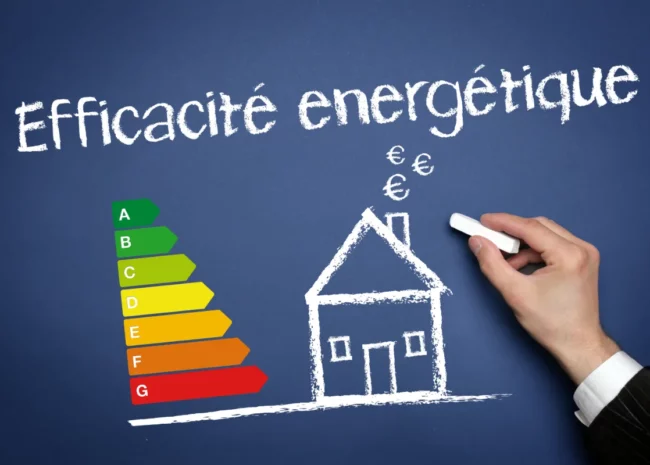 Hand drawing a house on a chalkboard with a color-coded energy efficiency scale A–G beside it.