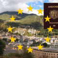 Andorra passport overlaid on a European town nestled in green hills, with yellow EU stars surrounding the scene.