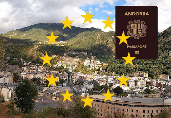 Andorra passport overlaid on a European town nestled in green hills, with yellow EU stars surrounding the scene.