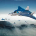 Futuristic blue aircraft guiding a fleet of small drones connected by tethers over a misty mountain landscape.
