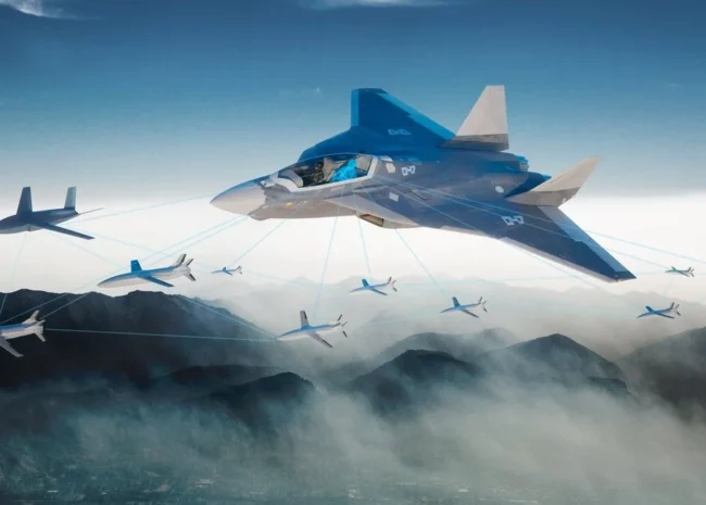 Futuristic blue aircraft guiding a fleet of small drones connected by tethers over a misty mountain landscape.