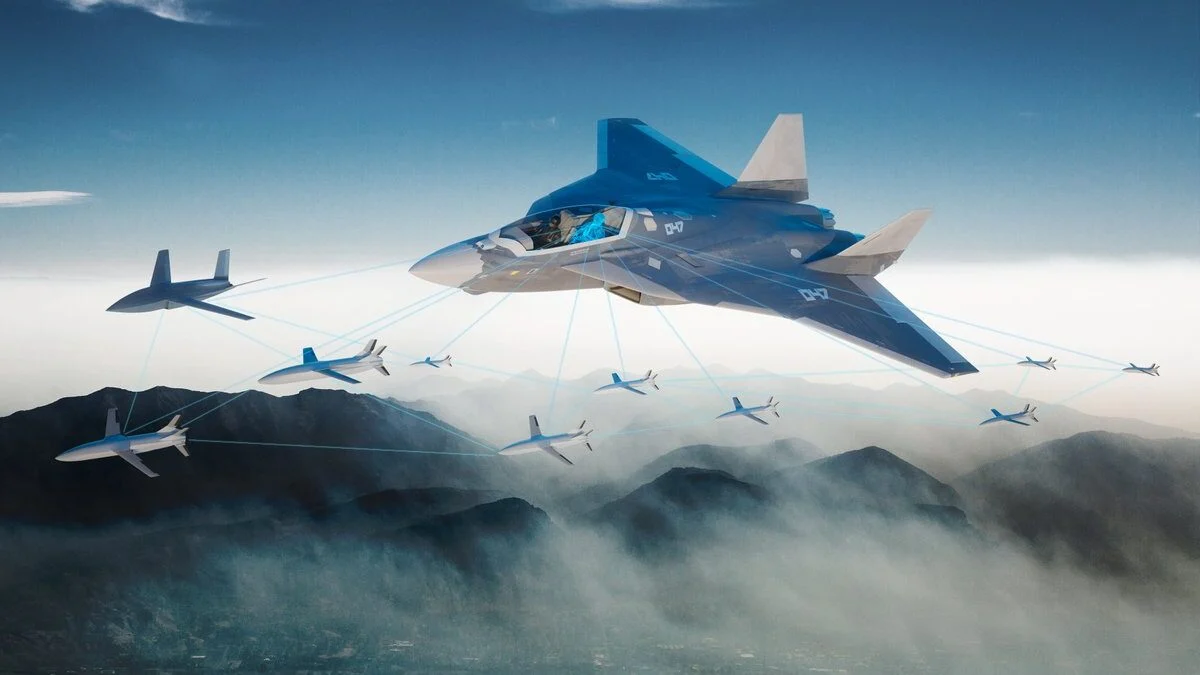 Futuristic blue aircraft guiding a fleet of small drones connected by tethers over a misty mountain landscape.