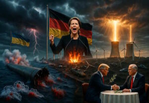 Montage of a political figure at a podium amid a war-torn landscape, German flag, and two men shaking hands over a table behind them.