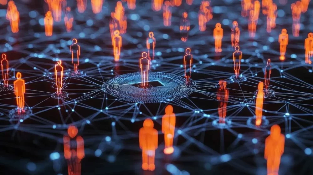 Orange silhouetted people connected by a web of blue lines around a central digital hub, illustrating a global network.