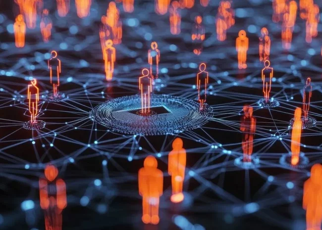 Orange silhouetted people connected by a web of blue lines around a central digital hub, illustrating a global network.