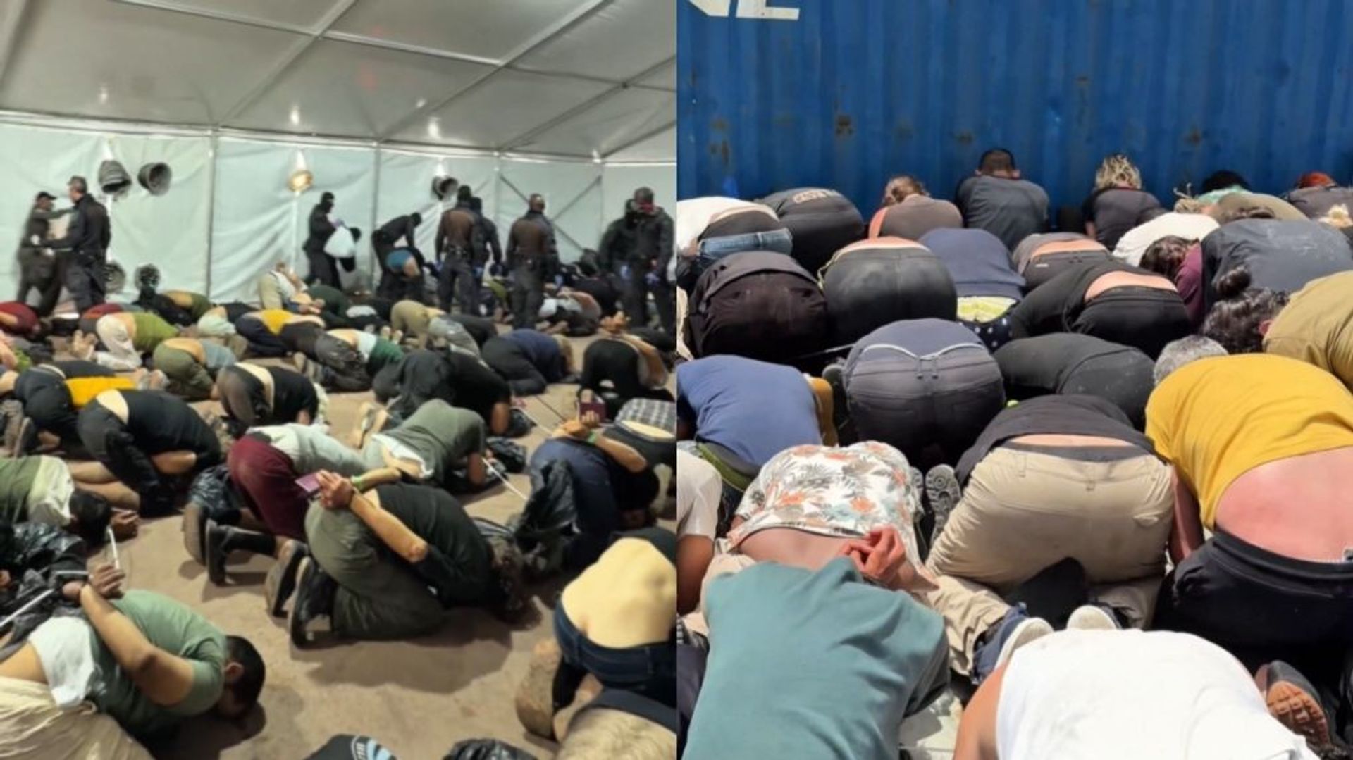 Large group of people kneeling and bowing in prayer inside a temporary shelter or tent, crowded on the floor.