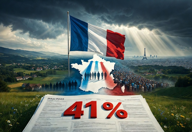 French flag over a map of France with a crowd of voters, and a newspaper in the foreground showing 41%. The Eiffel Tower is visible in the distance under dramatic clouds.