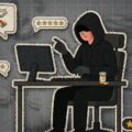 Hooded hacker at a desk with a computer, pills on the table, and floating five-star rating icons around him.
