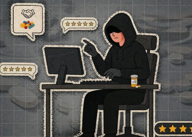 Hooded hacker at a desk with a computer, pills on the table, and floating five-star rating icons around him.