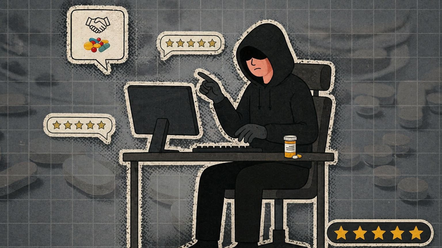 Hooded hacker at a desk with a computer, pills on the table, and floating five-star rating icons around him.