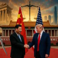 Xi Jinping and Donald Trump shake hands in front of Chinese and American flags at a state ceremony with Tiananmen Square backdrop.