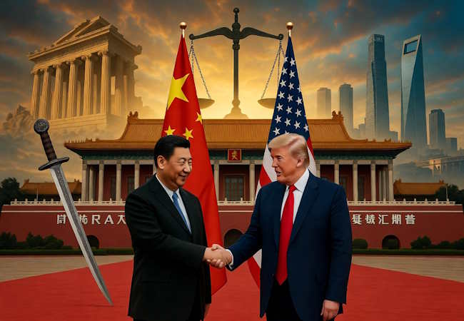 Xi Jinping and Donald Trump shake hands in front of Chinese and American flags at a state ceremony with Tiananmen Square backdrop.