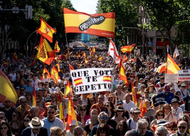 Large street protest with many people waving Spanish flags and banners, including a central sign that reads 'QUE VOTE TE GEPETTO'.