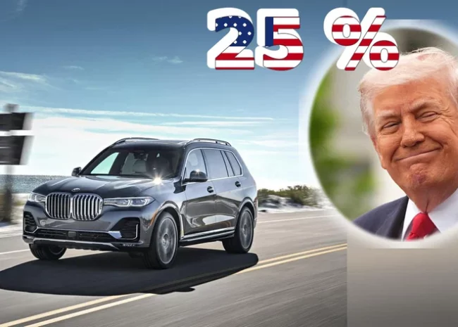 Silver SUV driving on a coastal highway with a patriotic '25%' graphic and a circular portrait of a smiling man in a suit on the right.