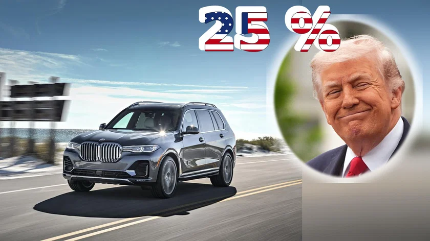 Silver SUV driving on a coastal highway with a patriotic '25%' graphic and a circular portrait of a smiling man in a suit on the right.