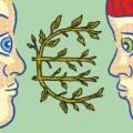 Two pop-art style profiles face each other with an olive branch between them, symbolizing dialogue and peace.