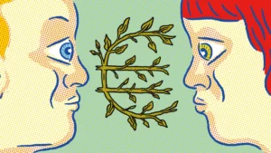 Two pop-art style profiles face each other with an olive branch between them, symbolizing dialogue and peace.