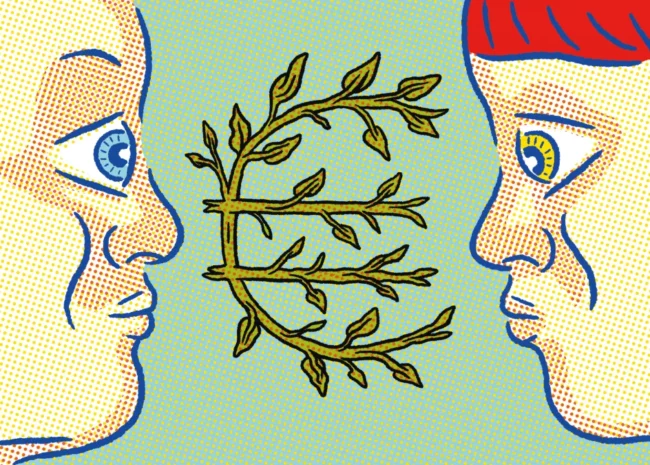 Two pop-art style profiles face each other with an olive branch between them, symbolizing dialogue and peace.