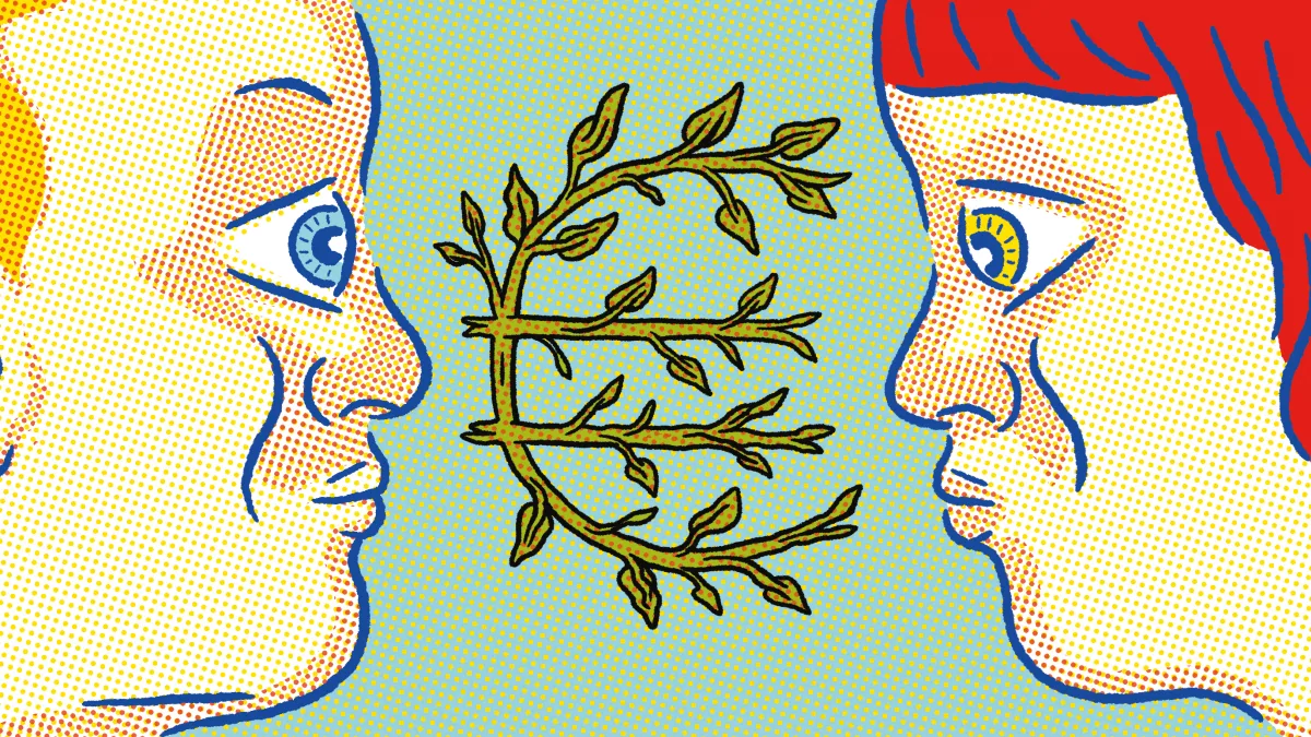 Two pop-art style profiles face each other with an olive branch between them, symbolizing dialogue and peace.