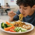 Boy in a blue shirt eating spaghetti with vegetables at a cafeteria table, using a fork.