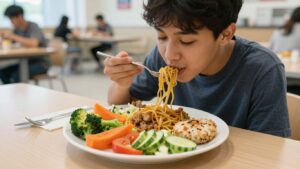 Boy in a blue shirt eating spaghetti with vegetables at a cafeteria table, using a fork.