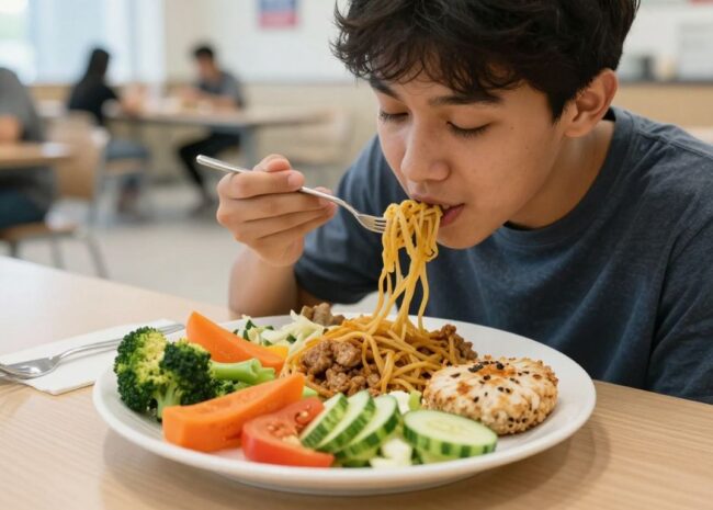 Boy in a blue shirt eating spaghetti with vegetables at a cafeteria table, using a fork.